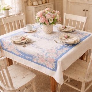 Vintage 1950’s Floral 51x45 Tablecloth. Pink | Blue Cottagecore | Simple Classic